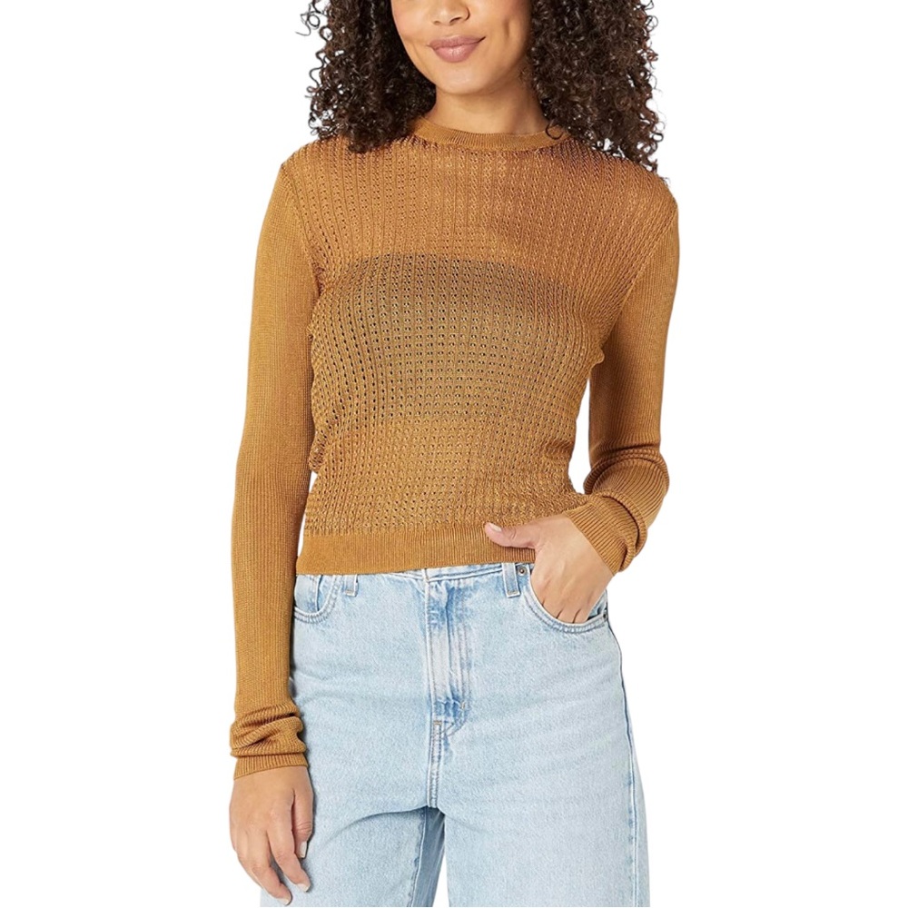 FREE PEOPLE | H20 Crew Pullover Tiger Eye NWT Open Knit Long Sleeve Ribbed Top